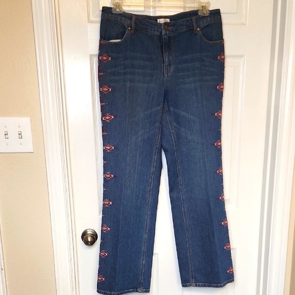 Monroe & Main Denim - Monroe And Main Womens Burgandy Embroidery Wide Leg Plus Size Blue Jeans Size 16